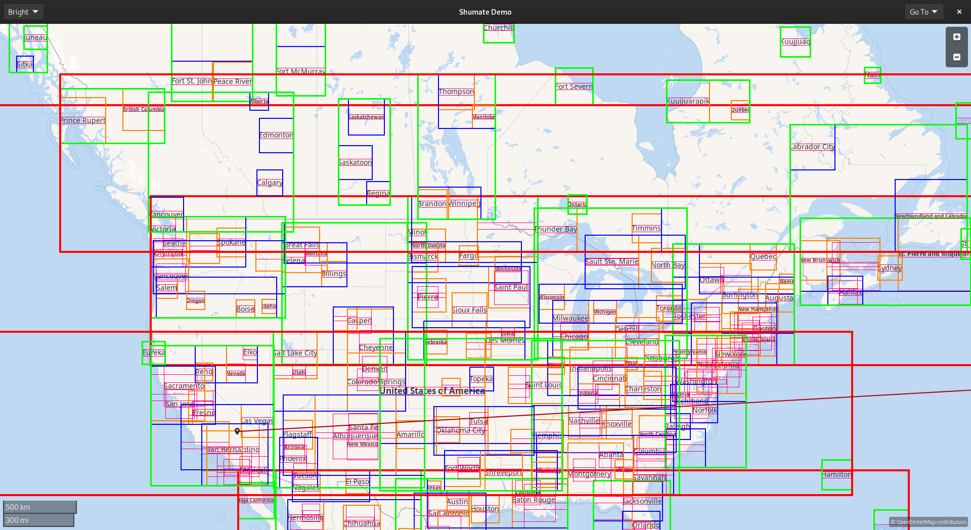 Visualization of an R-tree. There is a map cluttered with rectangles nested four layers deep, with each inner rectangle containing a map label.